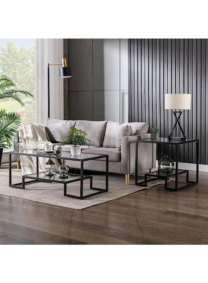 HOME TASTE Coffee Table 2 Tier Modern Tempered Glass Tabletop With Sturdy Metal Frame Centre Table For Dining Room Modern Geometric Glass Coffee Table With Mid Glass Shelf Black - Image 4